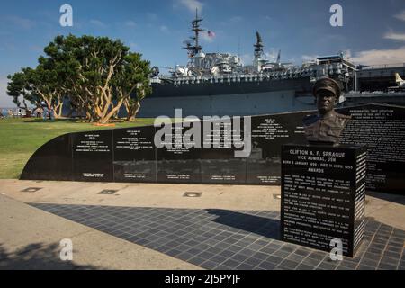 Clifton A.F. Sprague Memorial in front of USS Midway aircraft carrier, San Diego Navy Pier Stock Photo