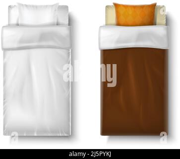 realistic vector icon set. Single and double bed with white bedsheets, duvet and two pillows. Stock Vector