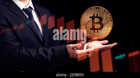 Bitcoin is convenient payment in global economy market. Virtual digital currency and financial investment trade concept. Stock Photo