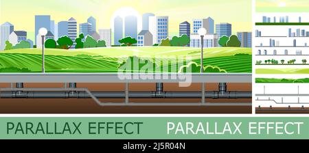 Pipeline for various purposes with parallax effect. Beautiful city landscape. Underground part of system. Illustration vector. Stock Vector