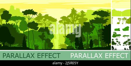 Deciduous forest. Silhouette with parallax effect. Mature, spreading trees. Thick thickets. Hills overgrown with plants. Sky. Vector. Stock Vector