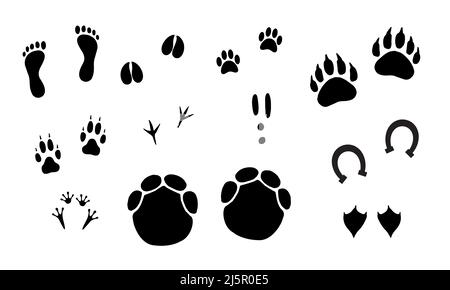 Vector black set bundle of different animals foot print steps isolated on white background Stock Vector