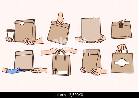 Set of people with paper bags with food delivery. Collection or courier deliver order or products in parcel to client. Shipping and takeaway meal. Covid life restrictions. Vector illustration.  Stock Vector
