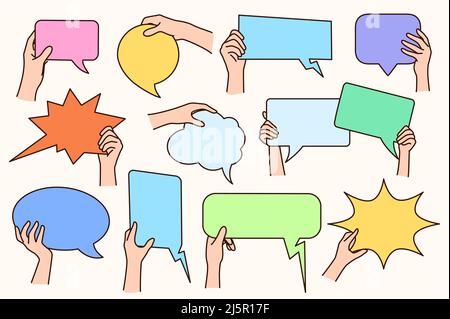Collection of people hands holding diverse forms speech bubbles for advertising. Set of human with talk balloons for ads. Mockup and copy space. Flat vector illustration.  Stock Vector