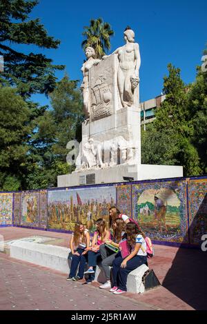 Argentina, Mendoza - Students on the Plaza Espana and in front of the Monument To The Spanish Discovery Of South America. Stock Photo
