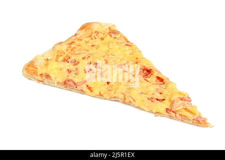 Single slice of Margherita pizza isolated on white background. Cheese and salami Stock Photo