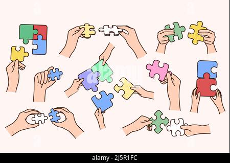 Collection of people hands holding connection jigsaw puzzles engaged in hobby activity. Set of person join puzzle find best solution or answer. Problem solving. Game and hobby. Vector illustration. Stock Vector