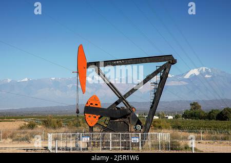 A pumpjack belonging to Argentinian oil company YPF is seen in the Uco valley near San Juan. Stock Photo