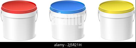 realistic vector icon set. Paint plastic bucket with handle with red, blue and yellow lid. Isolated on white background. Top view. Stock Vector