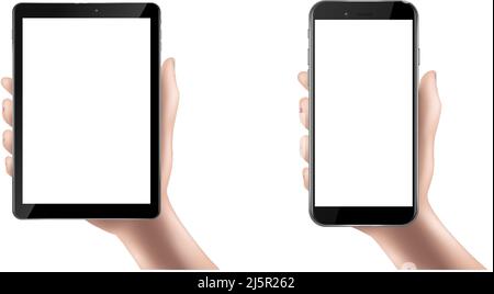 realistic vector icon. Hand holding a smatrphone. Isolated on white background. UI UX template. Stock Vector