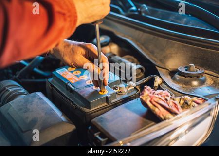 Mechanic unscrews the plugs on the battery with screwdriver Stock Photo