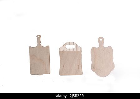 doll house interior - three wooden cutting boards isolated on white background flat lay Stock Photo