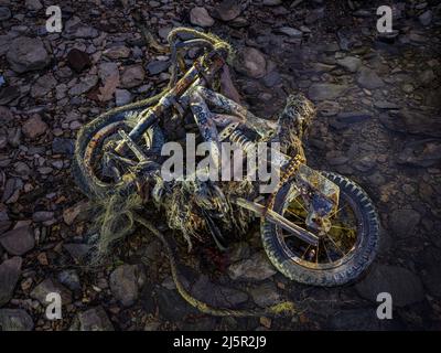 Old rusty bicycle washed up on side of river, Pennsylvania, USA Stock Photo