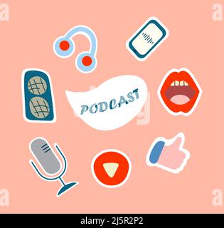 Podcast round badge with handwritten lettering and decoration Stock Vector