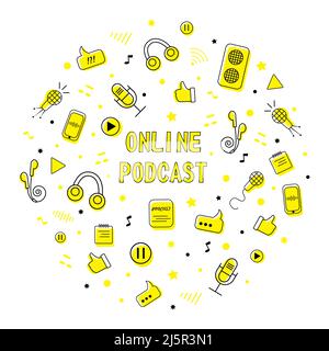 Podcast round badge with handwritten lettering and decoration Stock Vector
