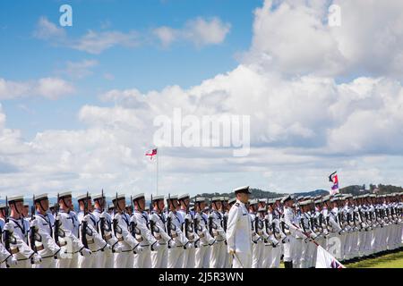 Royal New Zealand Navy parade at Waitangi Treaty Grounds during Waitangi Day celebrations. Waitangi Day is the national day of New Zealand, and commem Stock Photo