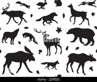 Vector seamless pattern of black forest animals silhouette isolated on white background Stock Vector