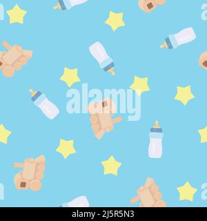 Baby Blue Seamless Pattern Background or Wallpaper, with Feeding Bottles, Wooden Toy Trains and Stars Stock Vector