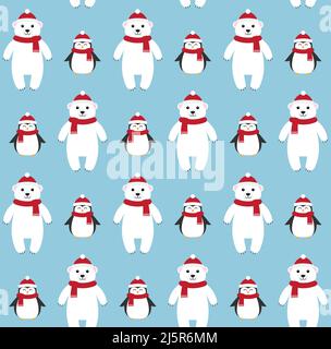 Vector seamless pattern of flat cartoon polar bear and penguin in hat and scarf isolated on blue background Stock Vector