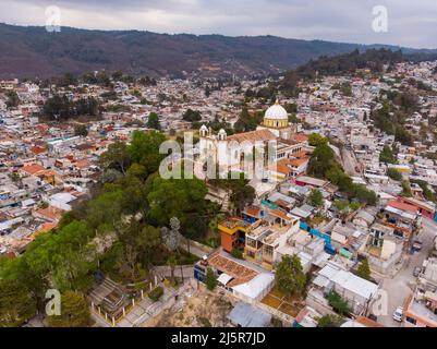 Aerial drone hsot of Guadalupe Church in San Cristobal de las Casas. Iglesia de Nuestra Senora de Guadalupe on the hill Stock Photo