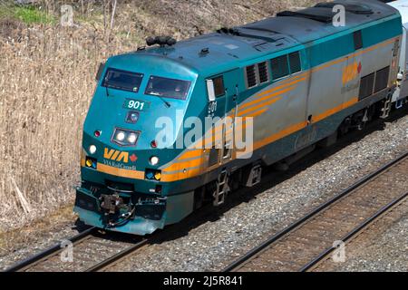 Engine on Via commuter passenger train on railway tracks. Hamilton Ontario Canada Stock Photo