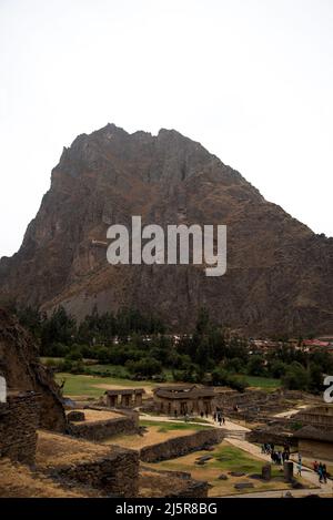 Ollantaytambo Village with a mountain in the back ground