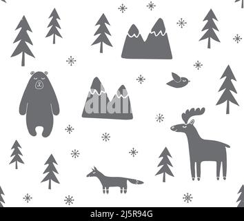 Vector seamless pattern of hand drawn doodle sketch Scandinavian wild forest animals isolated on white background Stock Vector