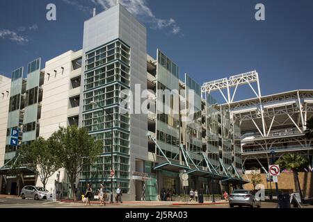 6th Ave with Harbor Dr crossing with Petco Park in the background in East Village, San Diego Stock Photo