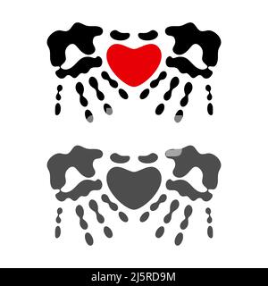 Heart symbol between palm prints, handprint, heart in hands. Isolated vector objects on a white background. Stock Vector