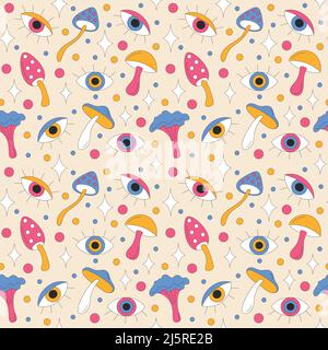 Retro mushrooms and sparkles on light background. Stock Vector