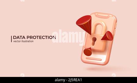 Personal data protection. Realistic 3d padlock under ddos, virus, hackers, cyber attack. The concept of personal data protection in cartoon minimal style. Vector illustration Stock Vector