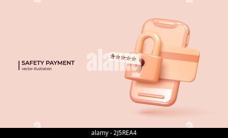 Safety payments concept. Realistic 3d design of padlock with password on smart wallet and credit card over smartphone. The concept of mobile phone and personal data protection. Vector illustration Stock Vector
