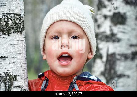 Cute little boy in knitted hat and jacket stands near birch tree in forest in autumn. Portrait of toddler looking in camera and talks on blurred backg