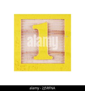 Number 1 one childs wood block on white with clipping path Stock Photo