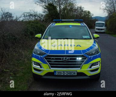 Dunmanway, West Cork Ireland, Monday 25 Apr 2022; Emergency Service dealt with a single vehicle accident on the back Bantry to Cork Road today. 4 units of Cork County Fire Service from Dunmanway and Bantry Fire stations as well as Gardai from Dunmanway, Ambulance personnel and the Air Ambulance attended the scene where the sole occupant of the car, a woman in Her 50's was treated for serious but non life threatening injuries before being flown to Cork University Hospital. Gardaí are investigating the circumstances of the collision. Credit ED/Alamy Live News Stock Photo