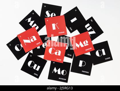 Cards with the names of the chemical elements of the periodic system. Alfabet of electrolytes on red cardboard. Top view Stock Photo