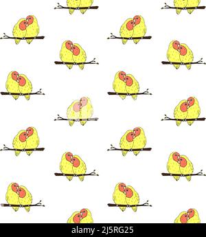 Vector seamless pattern of hand drawn doodle sketch yellow lovebirds parrots pair isolated on white background Stock Vector