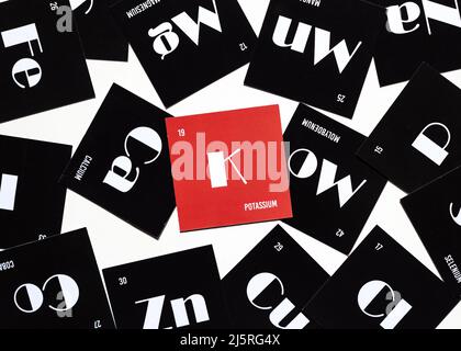 Cards with the names of the chemical elements of the periodic system. Alfabet of electrolytes on red cardboard. Top view Stock Photo