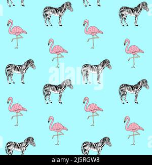 Vector seamless pattern of hand drawn doodle sketch zebra and flamingo isolated on blue background Stock Vector