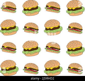 Vector seamless pattern of colored hand drawn doodle sketch burger isolated on white background Stock Vector