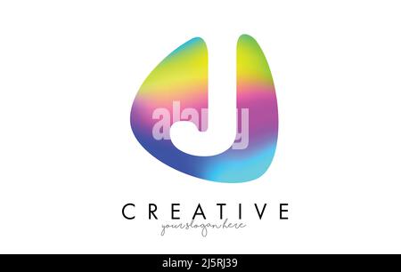 Colorful Rainbow J Letter Logo Design with Oval Shape Vector Illustration. Vibrant shape letter Design logo. Stock Vector
