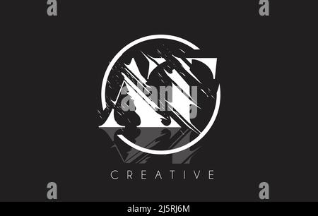 White AT Letter Logo with Vintage Grundge Cut Design. Destroyed Drawing Elegant Letter Icon Vector. Stock Vector
