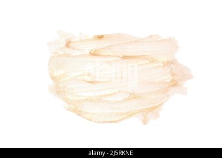 Face scrub smear texture. Cream skincare cosmetic. Organic stroke. Feet oily cleanser smudge. Particles in gel. White background. Top view. Yellow and black fluid treatment Stock Photo