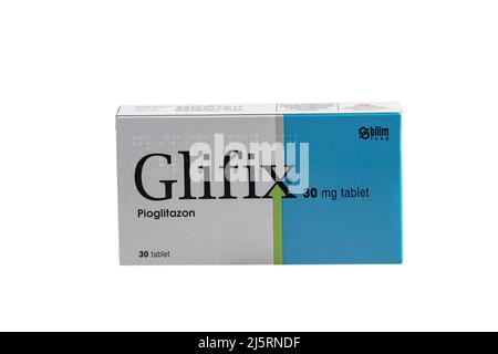 Istanbul, Turkey - January 18, 2022; Glifix 30 mg is a type 2 diabetes medication. Medicine for diabetics. Stock Photo