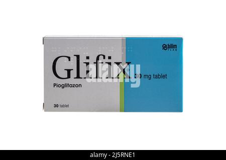 Istanbul, Turkey - January 18, 2022; Glifix 30 mg is a type 2 diabetes medication. Medicine for diabetics. Stock Photo