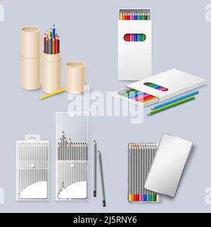 Color pencil box of different shape and form set Stock Vector