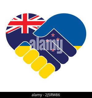 Handshake symbol in the colors of the national flags of New Zealand and Ukraine, forming a heart. The concept of peace, friendship. Flat vector illust Stock Vector