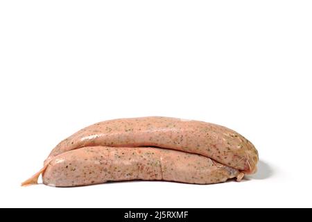 Fried sausages isolated against white background Stock Photo