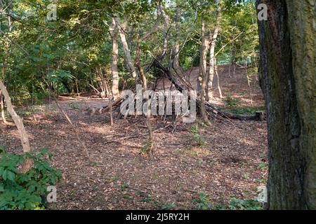 tent built by branches in the forest by an nature kindergarden Stock ...