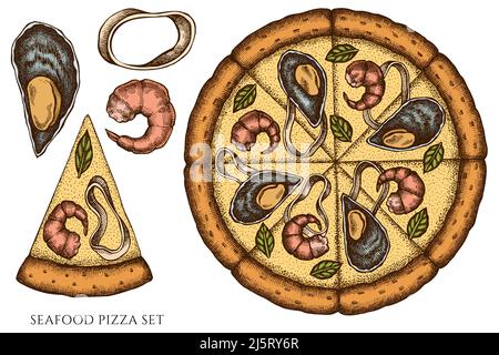 Pizza hand drawn vector illustrations collection. Colored seafood pizza. Stock Vector